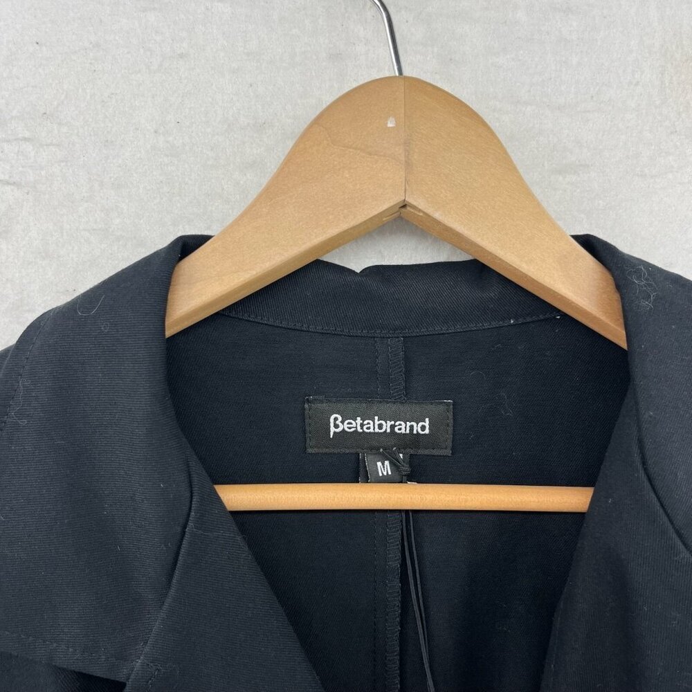 Betabrand Duster Trench Coat Womens M Black Wrap Style Belt Tie 3/4 Sleeves USA - Picture 11 of 13